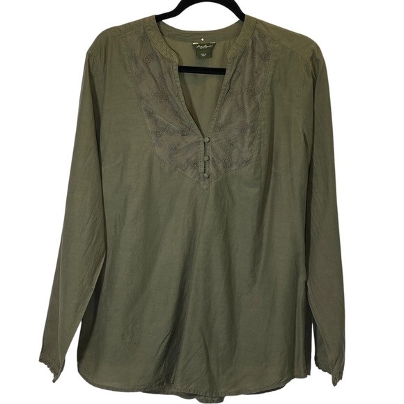 Eddie Bauer Tops - Eddie Bauer Women L Olive Green Long Sleeve Floral Embroidered Shirt silk blend